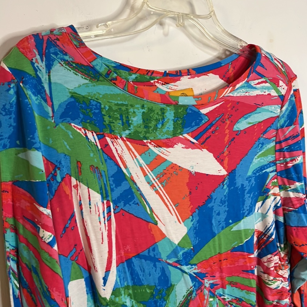 Ruby Rd. Tropical Abstract Print Ruched 3/4 Sleeve Knit Top Size L - Picture 2 of 5